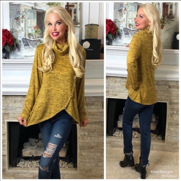 Mustard Cowl Neck Top with Button Detail - Picture 3 of 5